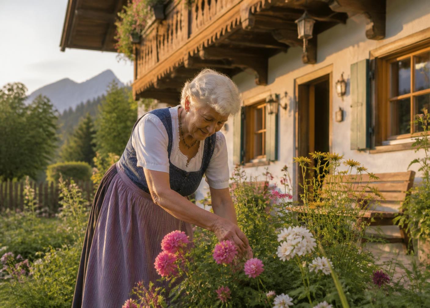 Ältere Dame mit ihrer Betreuungskraft im Garten – Betreuung zuhause im Landkreis Traunstein